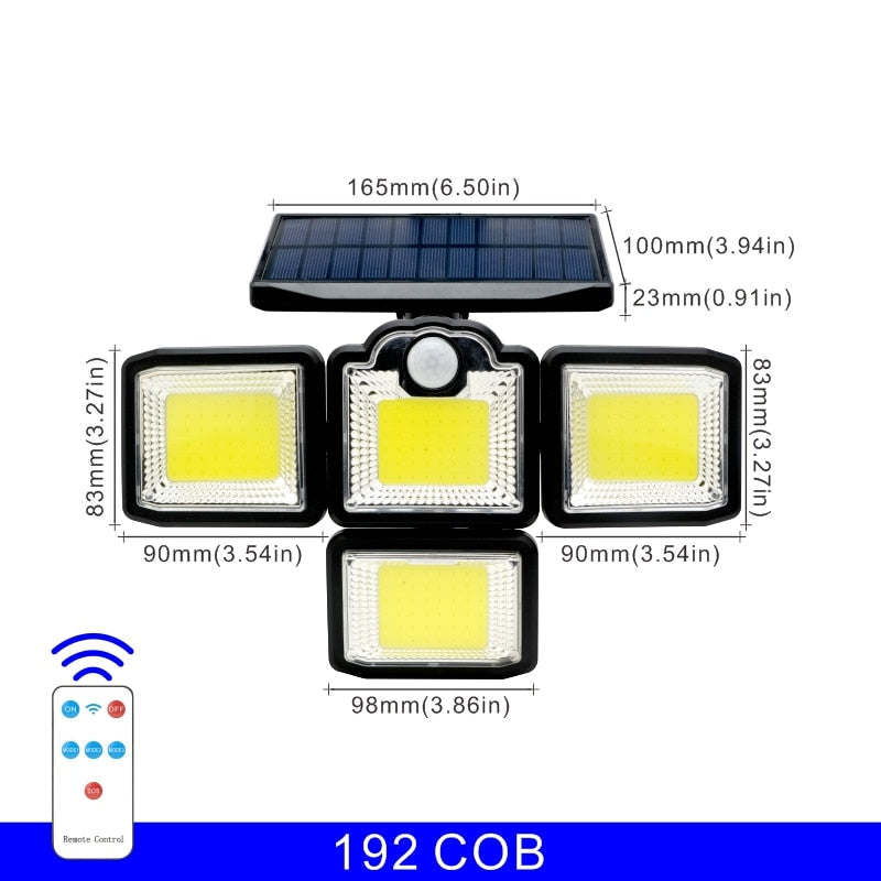 192/198 COB LED Solar Lights Outdoor, 4 Head Motion Sensor, Waterproof, 3 Modes, Remote Control, Patio Garden Wall Lamp