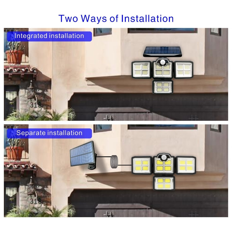 192/198 COB LED Solar Lights Outdoor, 4 Head Motion Sensor, Waterproof, 3 Modes, Remote Control, Patio Garden Wall Lamp