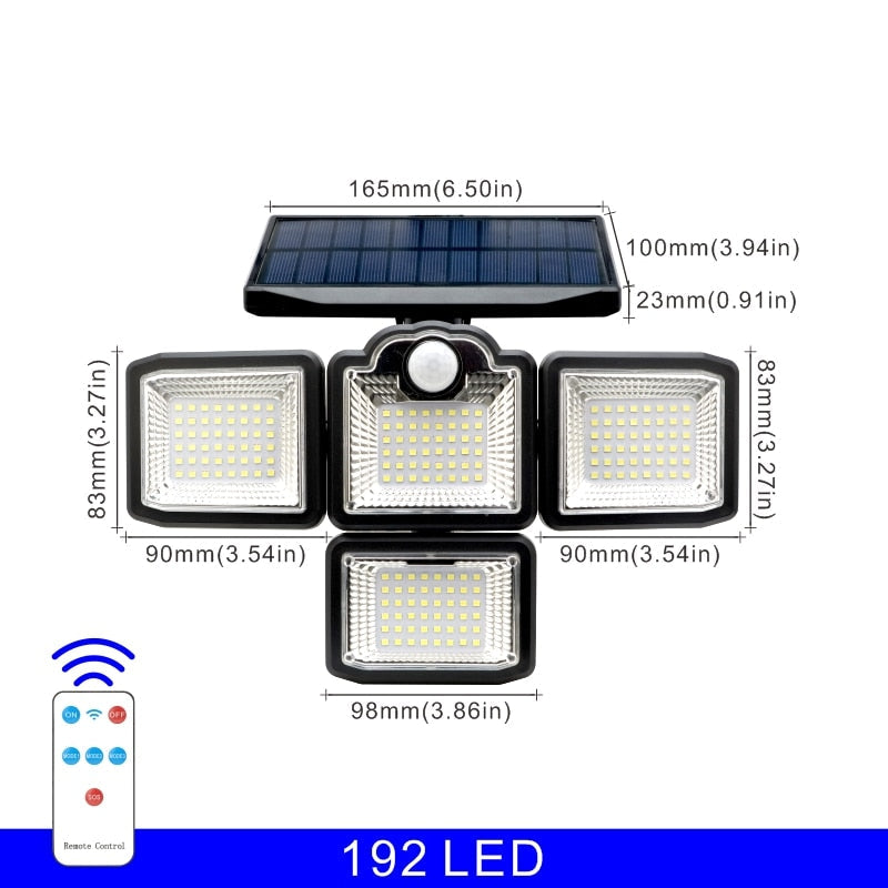 192/198 COB LED Solar Lights Outdoor, 4 Head Motion Sensor, Waterproof, 3 Modes, Remote Control, Patio Garden Wall Lamp