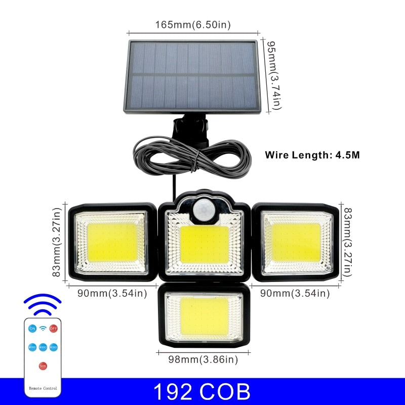 192/198 COB LED Solar Lights Outdoor, 4 Head Motion Sensor, Waterproof, 3 Modes, Remote Control, Patio Garden Wall Lamp