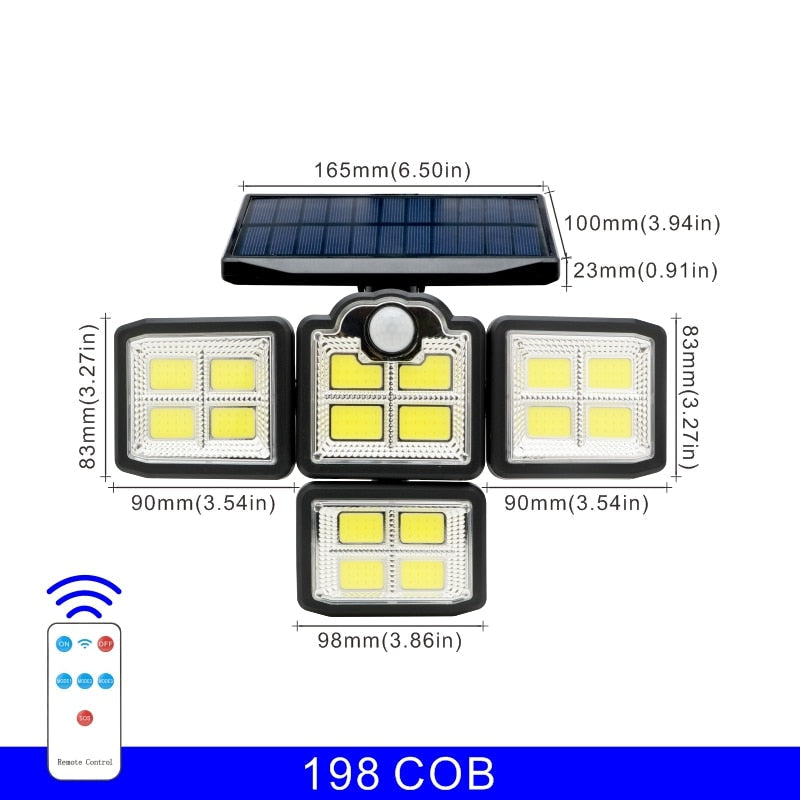 192/198 COB LED Solar Lights Outdoor, 4 Head Motion Sensor, Waterproof, 3 Modes, Remote Control, Patio Garden Wall Lamp