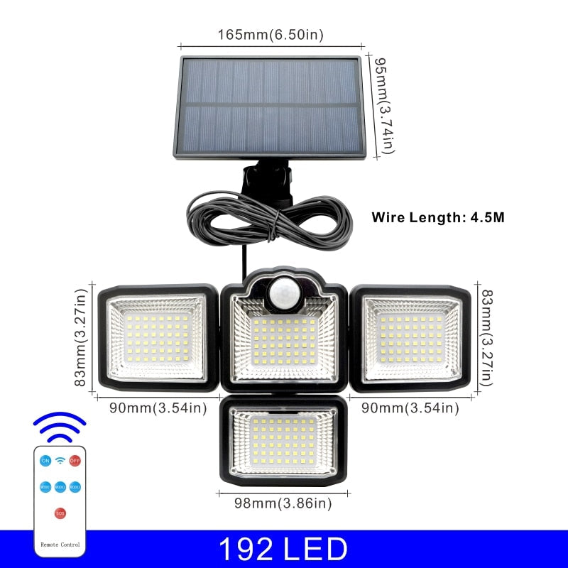 192/198 COB LED Solar Lights Outdoor, 4 Head Motion Sensor, Waterproof, 3 Modes, Remote Control, Patio Garden Wall Lamp