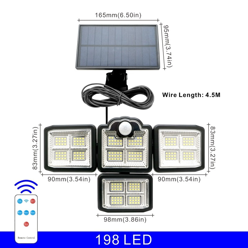 192/198 COB LED Solar Lights Outdoor, 4 Head Motion Sensor, Waterproof, 3 Modes, Remote Control, Patio Garden Wall Lamp