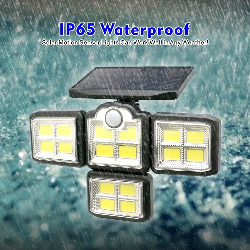 192/198 COB LED Solar Lights Outdoor, 4 Head Motion Sensor, Waterproof, 3 Modes, Remote Control, Patio Garden Wall Lamp