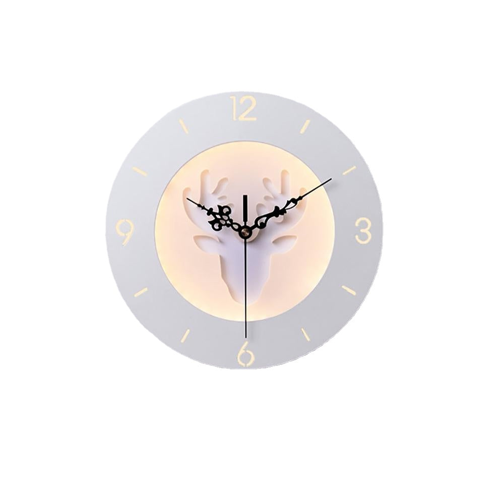 220V LED Nordic Deer Round Clock Night Light Wall Lamp - 24CM for Bedroom & Living Room Decor