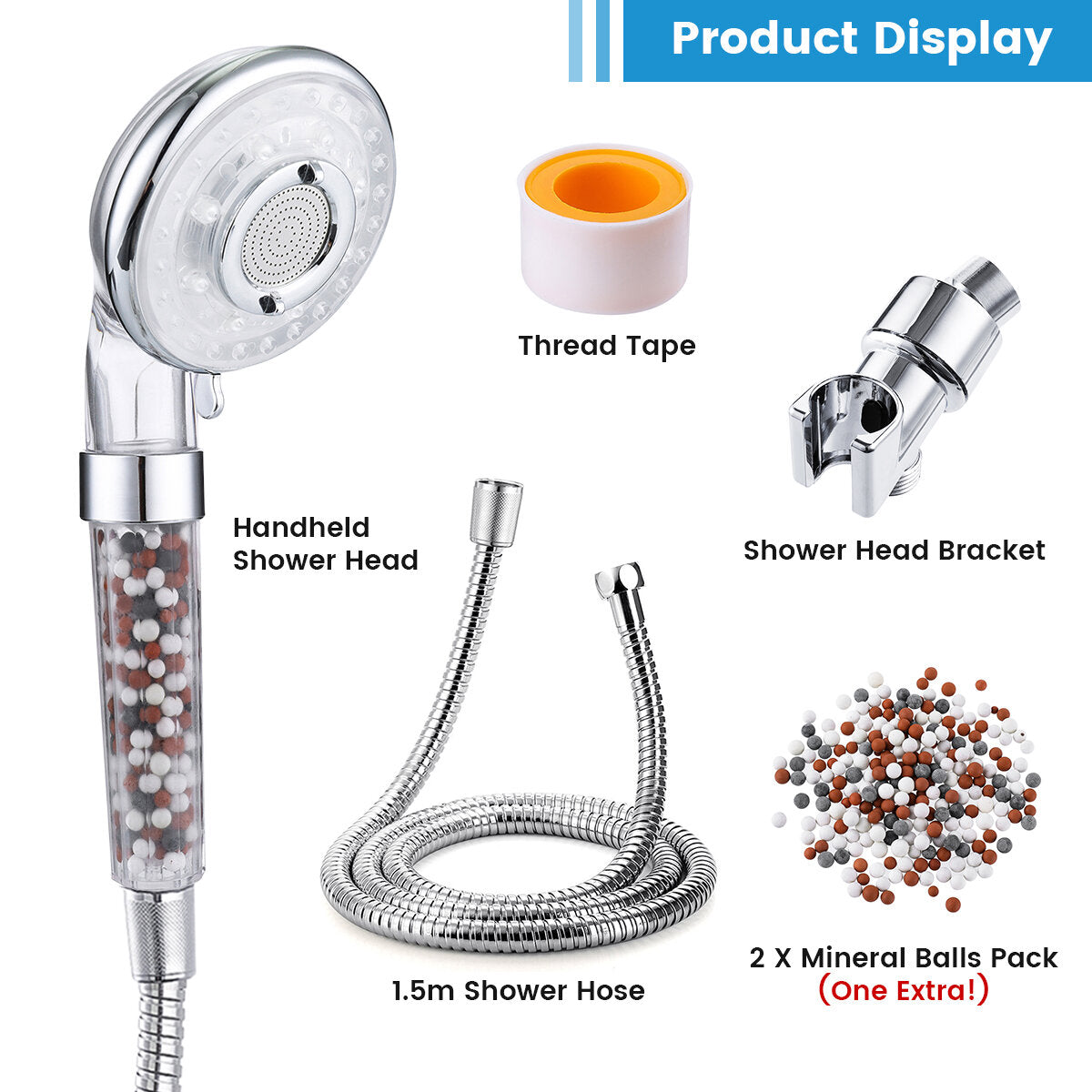 3-Mode Shower Head with Limescale Filter and Ion, Includes Mineral Ball Substitutes