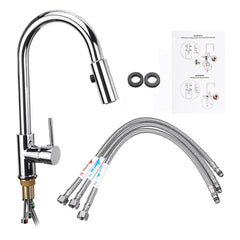Modern Single Handle Kitchen Sink Faucet with Pull Down Sprayer - Hot and Cold Mixer Tap