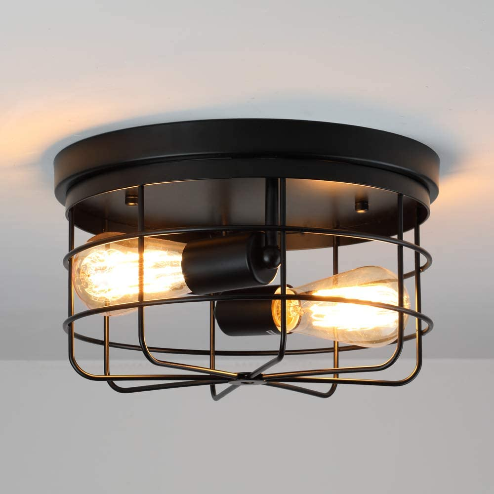 Industrial Vintage Metal Round Pendant Lamp - Semi Flush Mount Ceiling Light Shade, Bulb Not Included