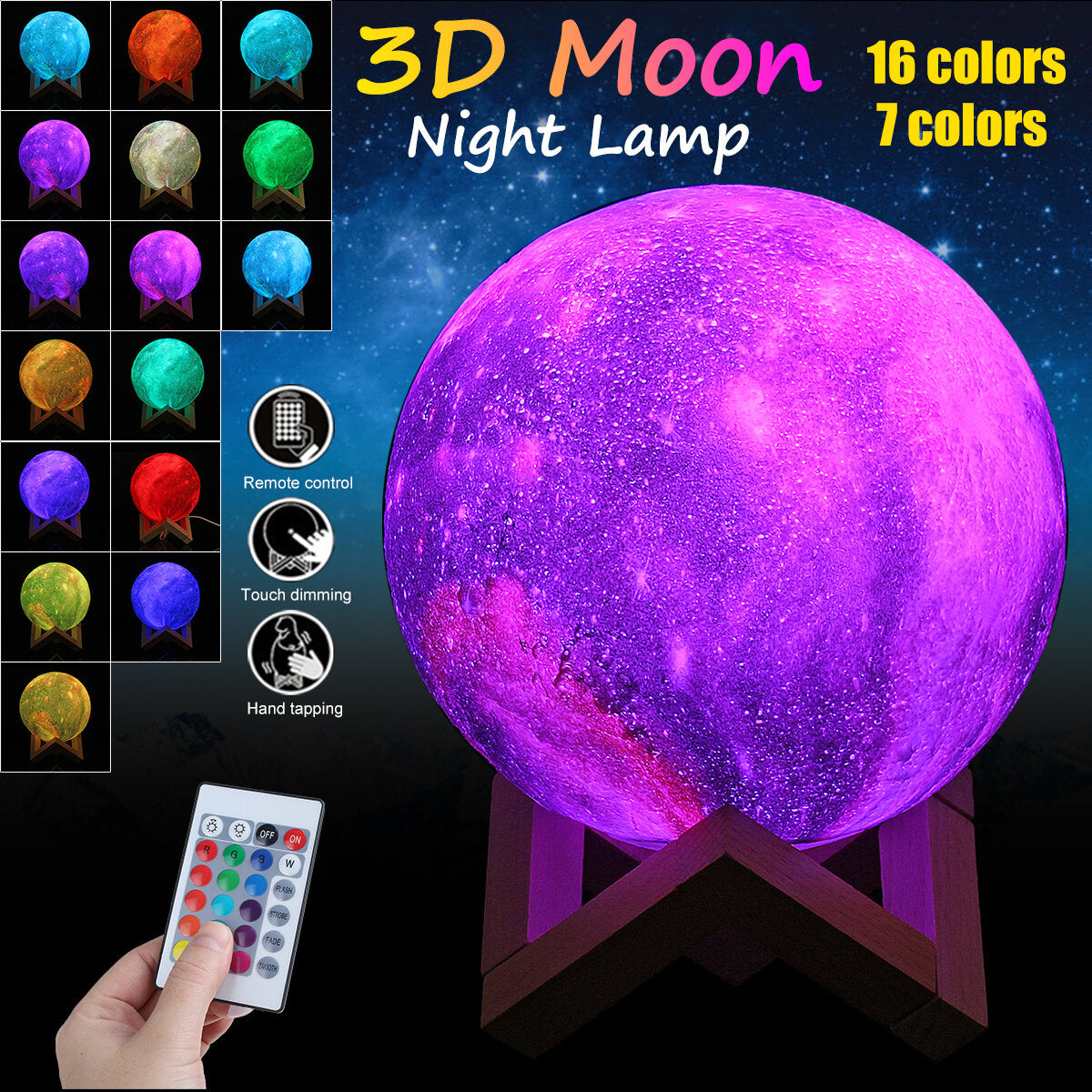 3D LED Moon Lamp Night Light - 16/7 Colors, Touch Switch & Remote Control