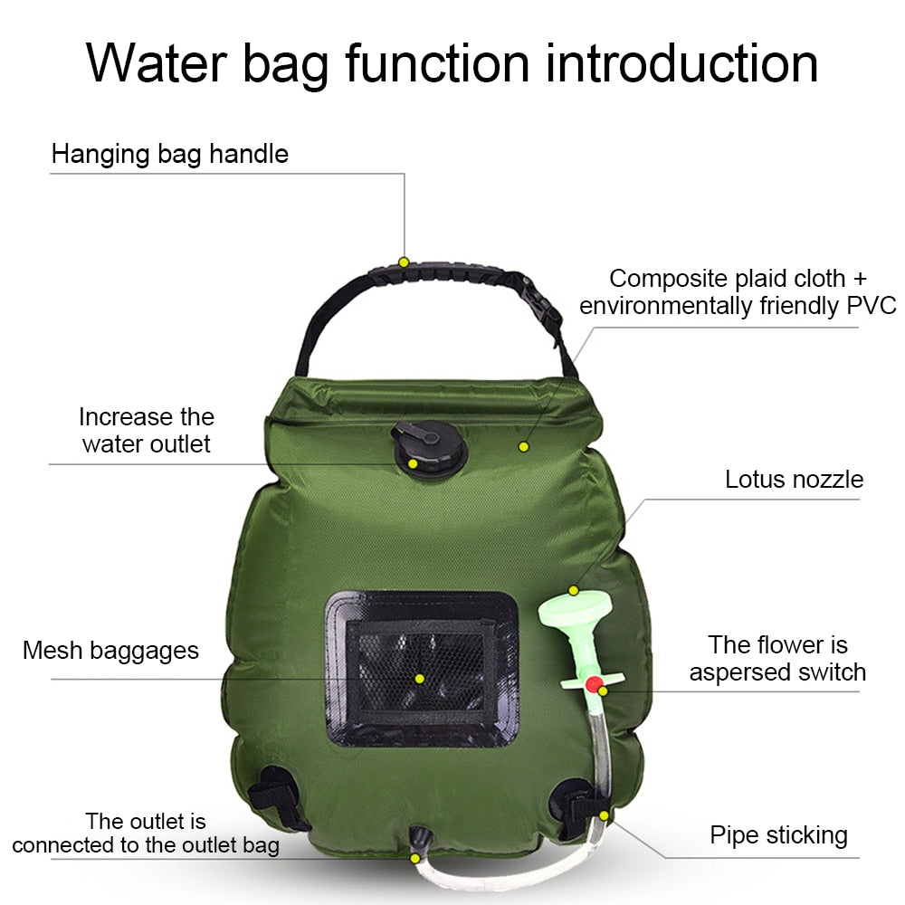 Portable 20L Solar Heating Water Bag for Outdoor Camping, Hiking, Climbing - Folding Shower Bath Equipment