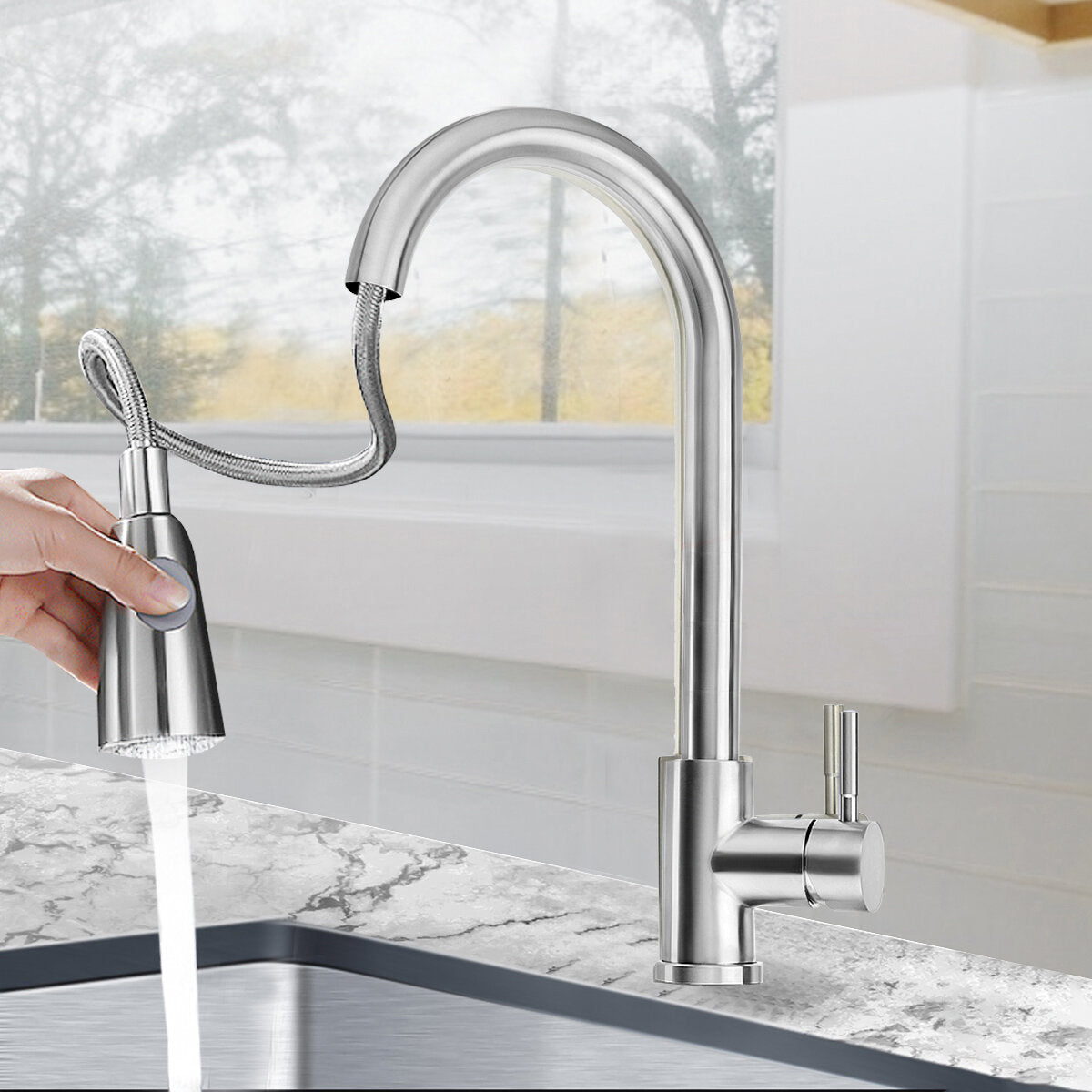 Stainless Steel Kitchen Sink Faucet with Pull-Out Sprayer Head and Dual Water Spray Modes