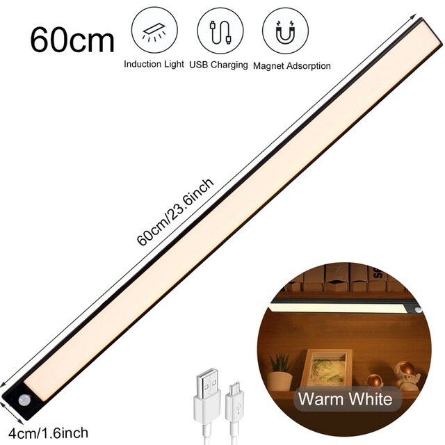 Über USB wiederaufladbares LED-Nachtlicht – 20/40/60 cm Körpersensorstreifen für Schlafzimmer, Kleiderschrank, Bücherregal, Treppe