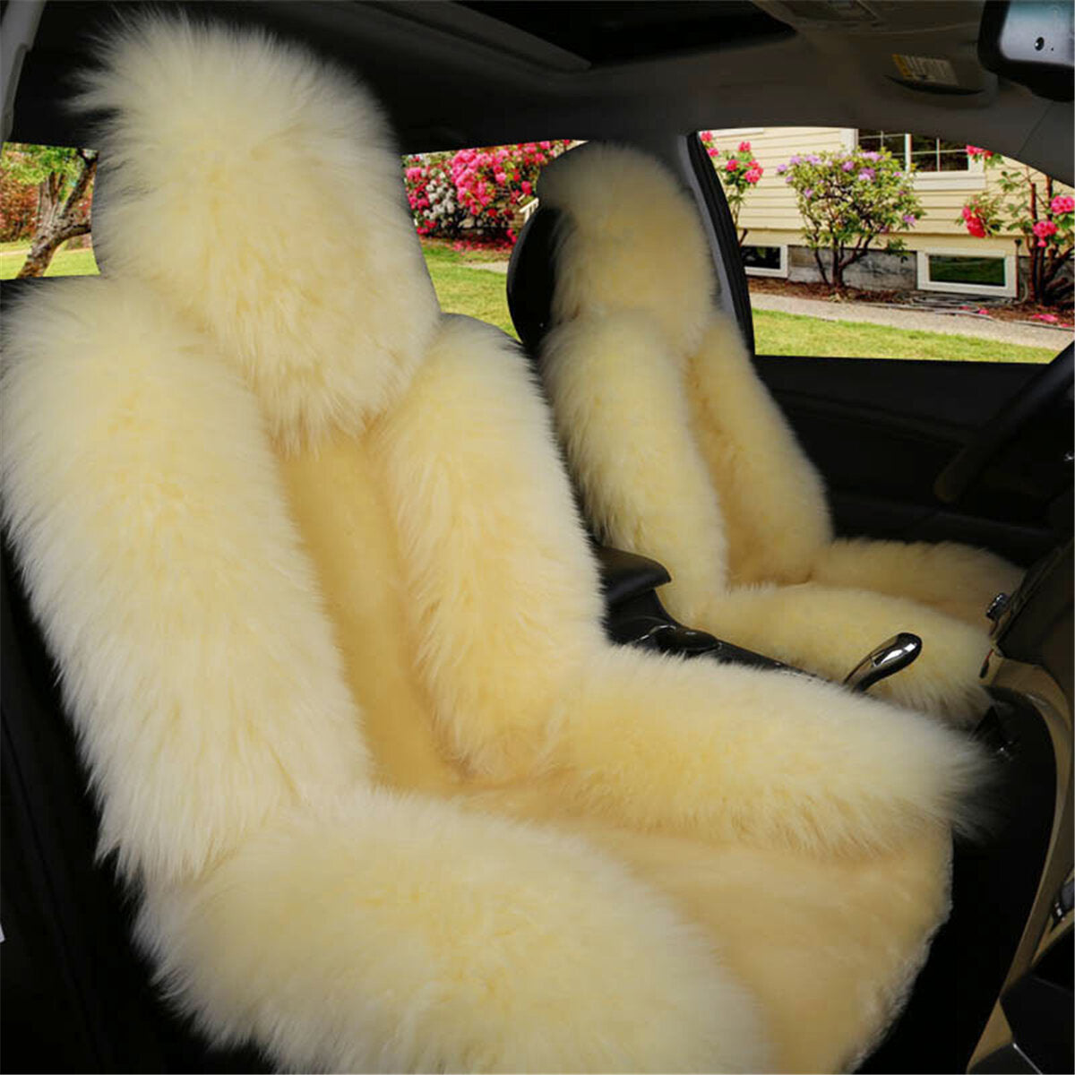 Universal Wool Sheepskin Car Seat Cover - Warm Fur Front Seat Cushion for Auto