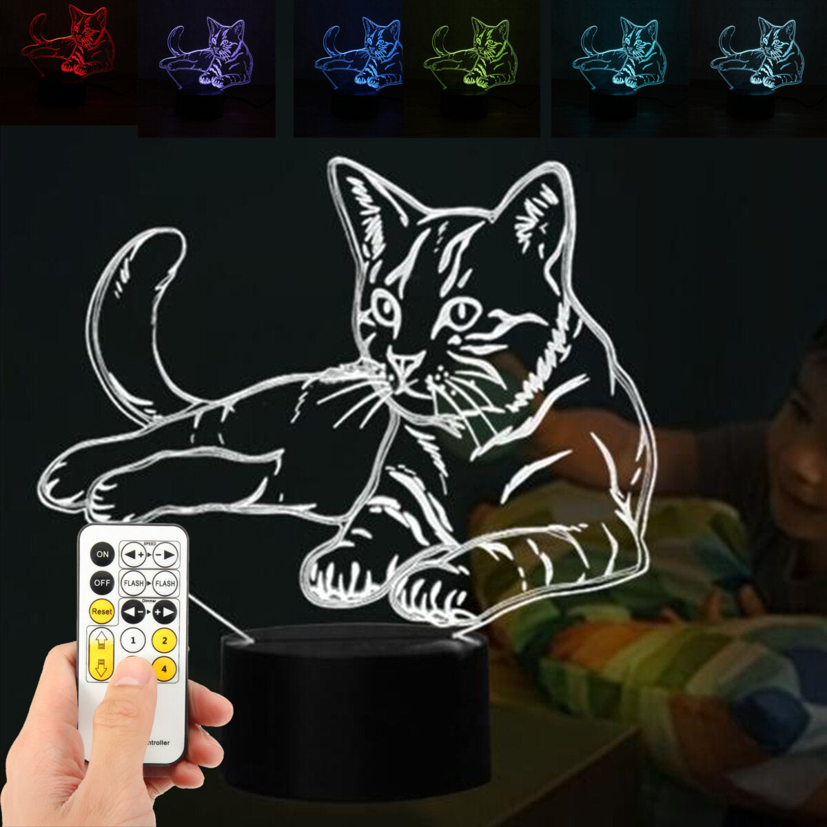 3D Cat LED Night Light - 7 Colors, Acrylic, Touch Control, USB Charging, Animal Decor Lamp