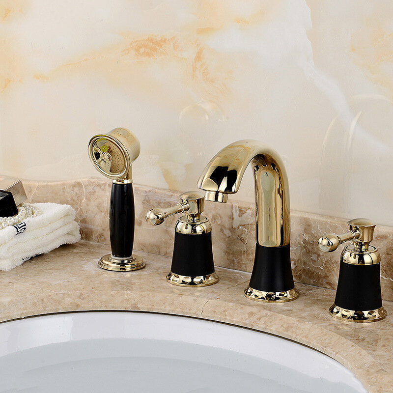 4PCS Widespread Bathroom Faucet with 2 Handles, Brass Basin Water Mixer Tap & Showerhead