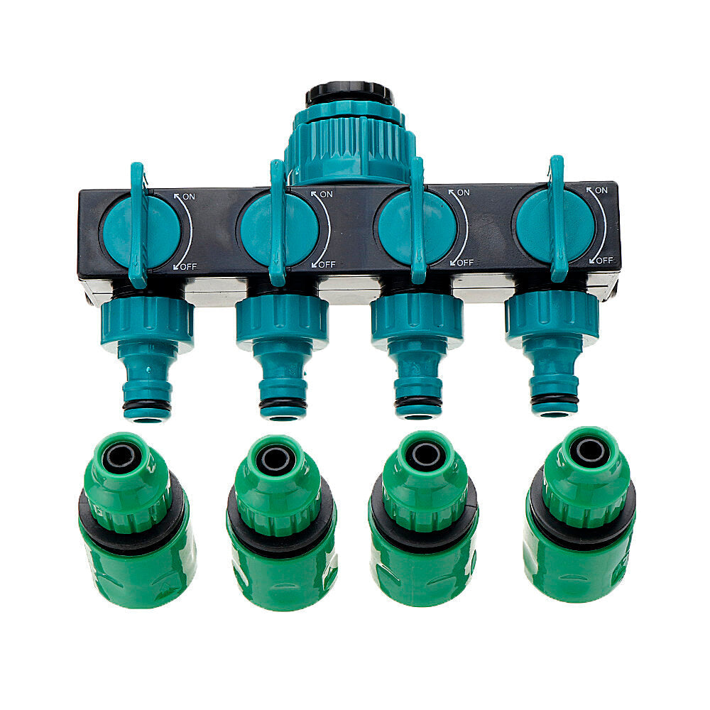 Universal 4-Way Garden Hose Splitter Tap Manifold for 1/2", 3/4", 1" Faucets - Shut Off Connector, Quick Adapter for Outdoor Irrigation