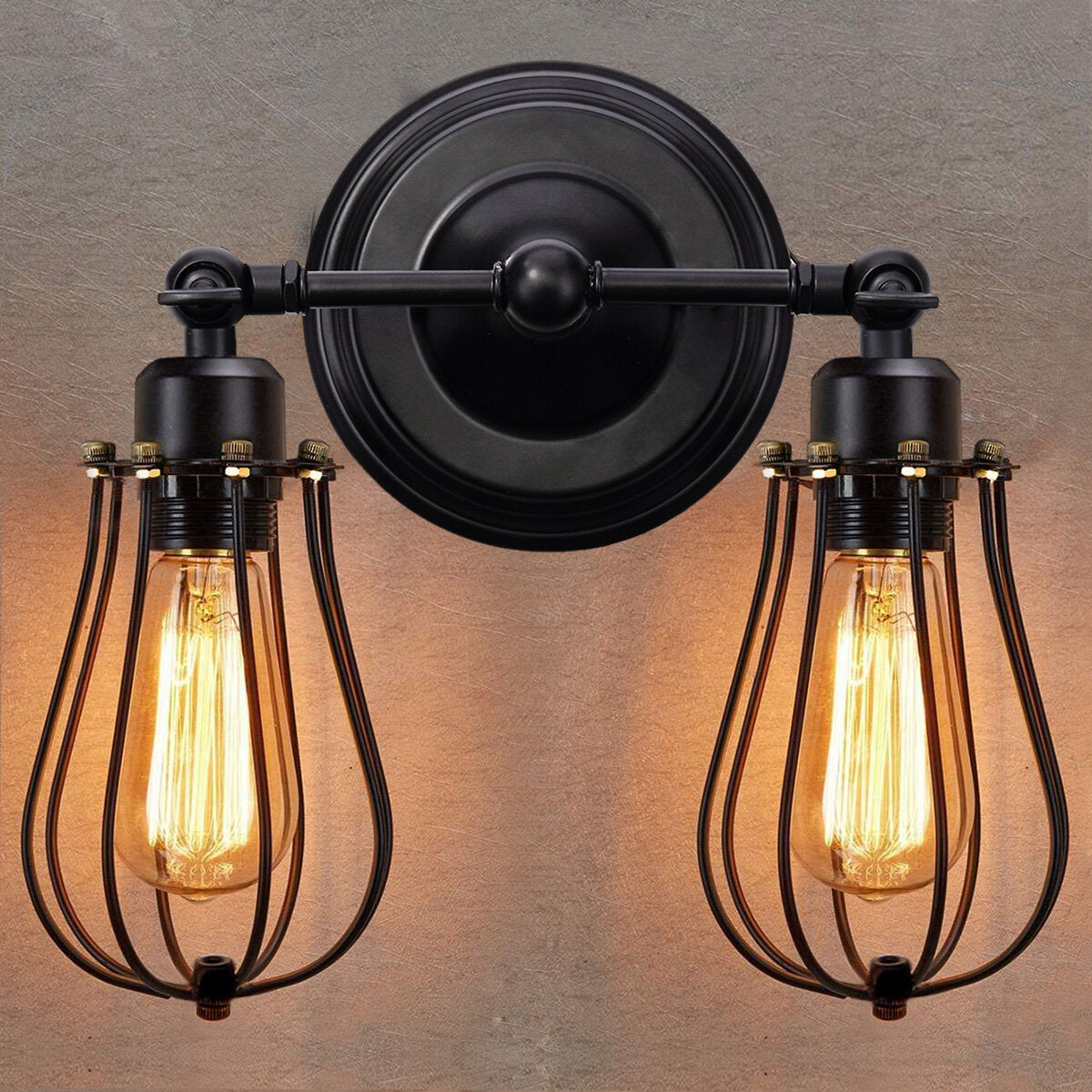 110V Vintage Industrial Wall Sconce, 2-Light Metal Wire Cage, Edison Rustic Style Wall Lamp Fixture