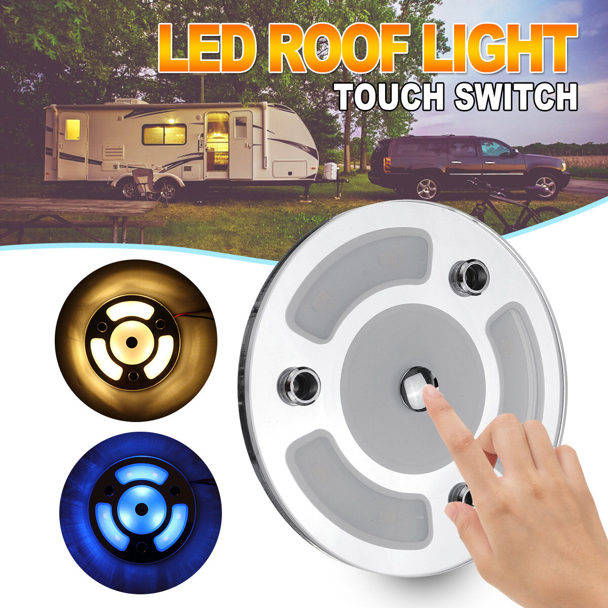 100mm Dimmable LED Reading Light with Touch Dimmer Switch, Blue & Warm White, Day/Night Car Roof Lamp for Caravan 10-30V