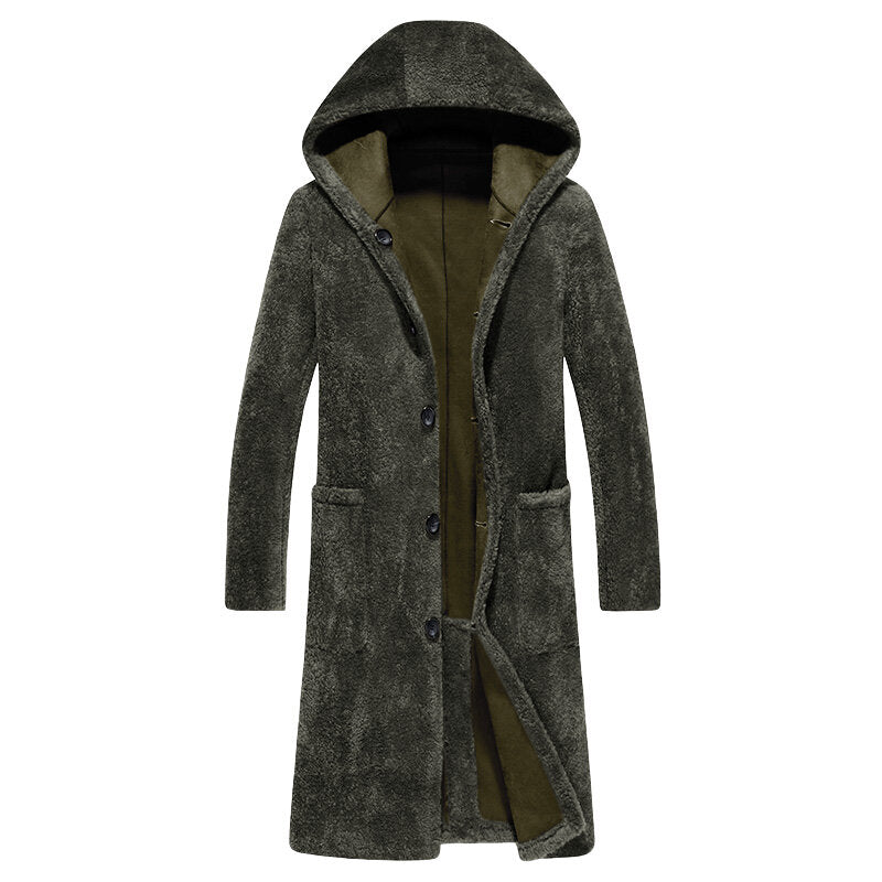 Men's Double-Sided Wearable Shearling Hooded Mid-Length Faux Fur Woolen Coat