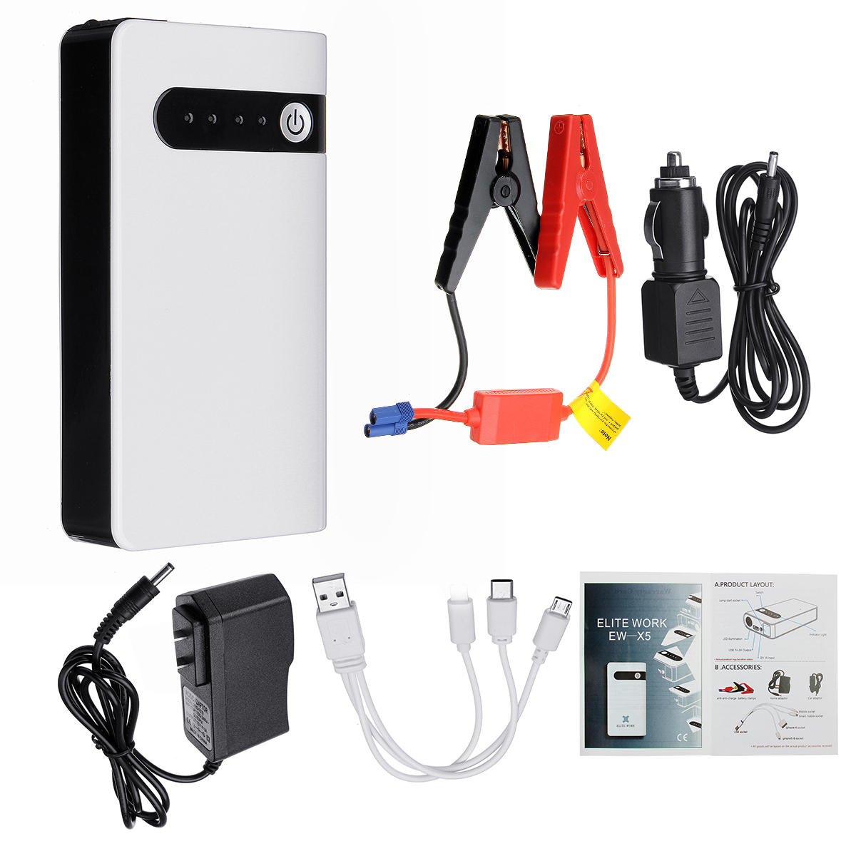 12V 11000mAh Portable Car Jump Starter & Emergency Battery Booster Powerbank with LED Flashlight & 3-In-1 USB Port