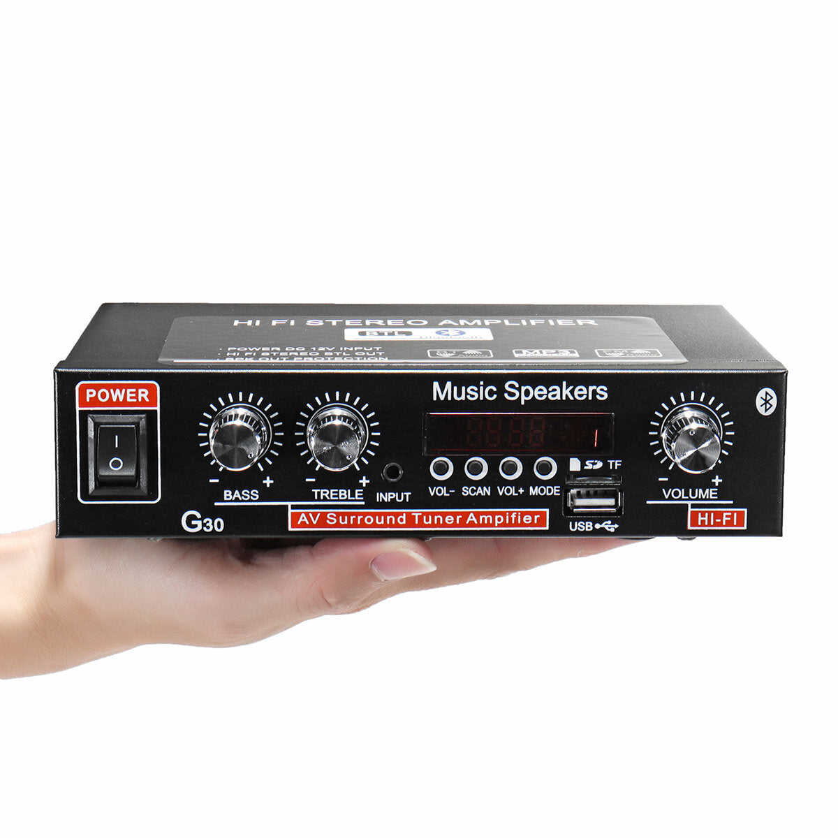 2CH LCD Display HiFi Audio Stereo Power Amplifier with Bluetooth, FM Radio, and Remote Control for Car/Home