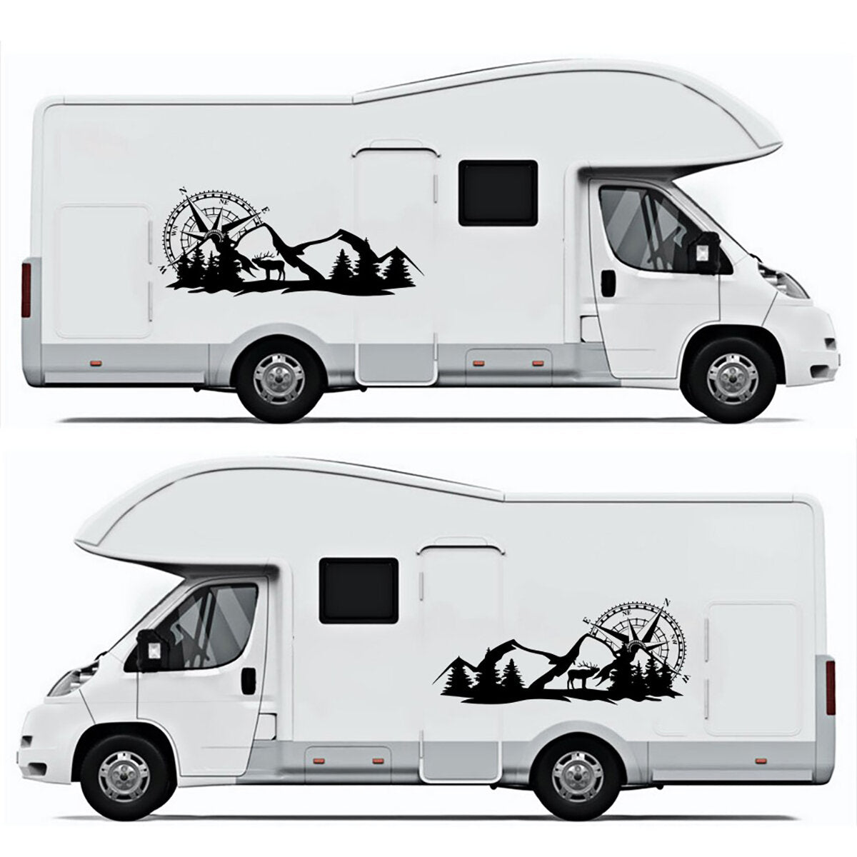 2pcs Set Large Compass Navigation & Mountain Deer Body Sticker Decals for Camper Van, Motorhome, Boat, Motorcycle