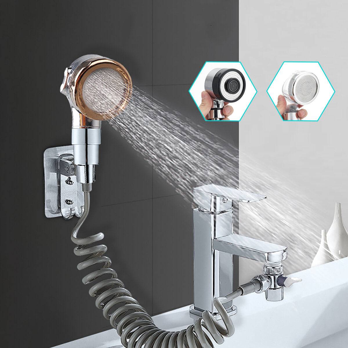 Bathroom Wash Basin Faucet Set: Includes Water Tap, External Shower Head, Handheld Bidet Sprayer, and Jet Diverter Kit