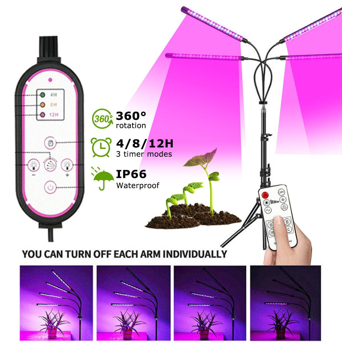 Remote Control 4-Head LED Grow Light with Tripod for Indoor Plants