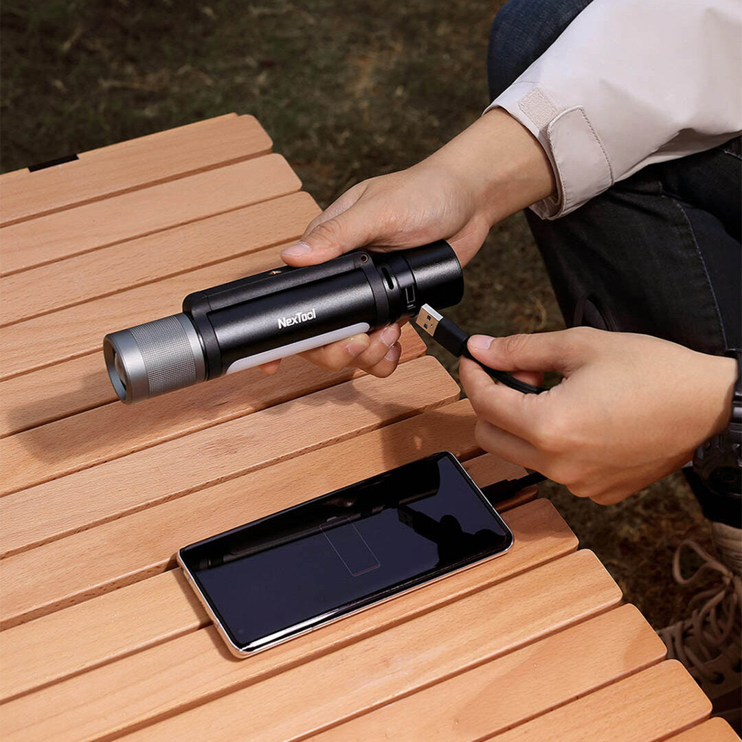 12-in-1 900lm LED Flashlight Torch: Telescopic Focus, Long Range, Music Pulse Lamp, 18650 Power Bank, Mini Speaker, 360 Side Light