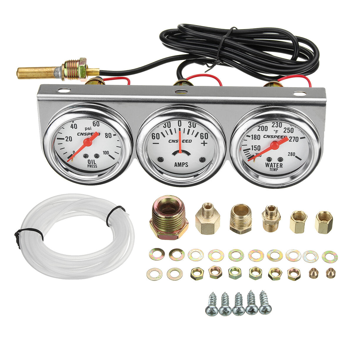 2" 52mm Oil Pressure, Water Temp, Amp Meter Triple Gauge Set with Chrome Panel