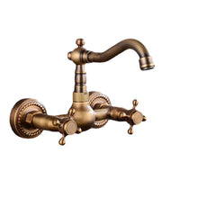 European Pure Copper Double Handle Wall-Mounted Kitchen Faucet, 360 Degree Rotation, Hot & Cold Water