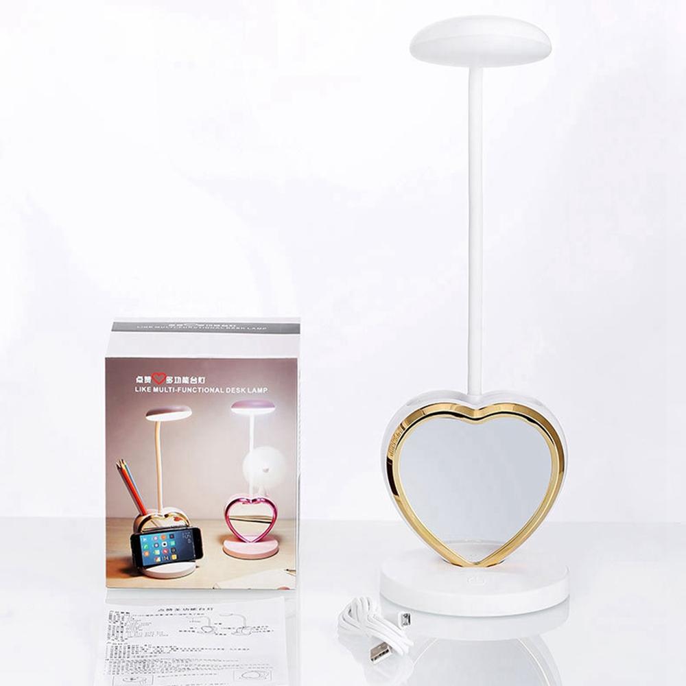 Multifunctional USB Rechargeable LED Table Lamp with Touch Dimming, Pen Holder, Phone Stand, and Magnetic Mirror