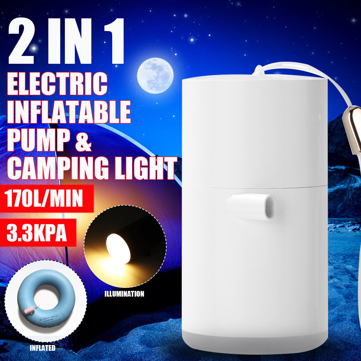 2-in-1 1400mAh Air Inflator Electric Pump & Camping Lamp with Nozzles