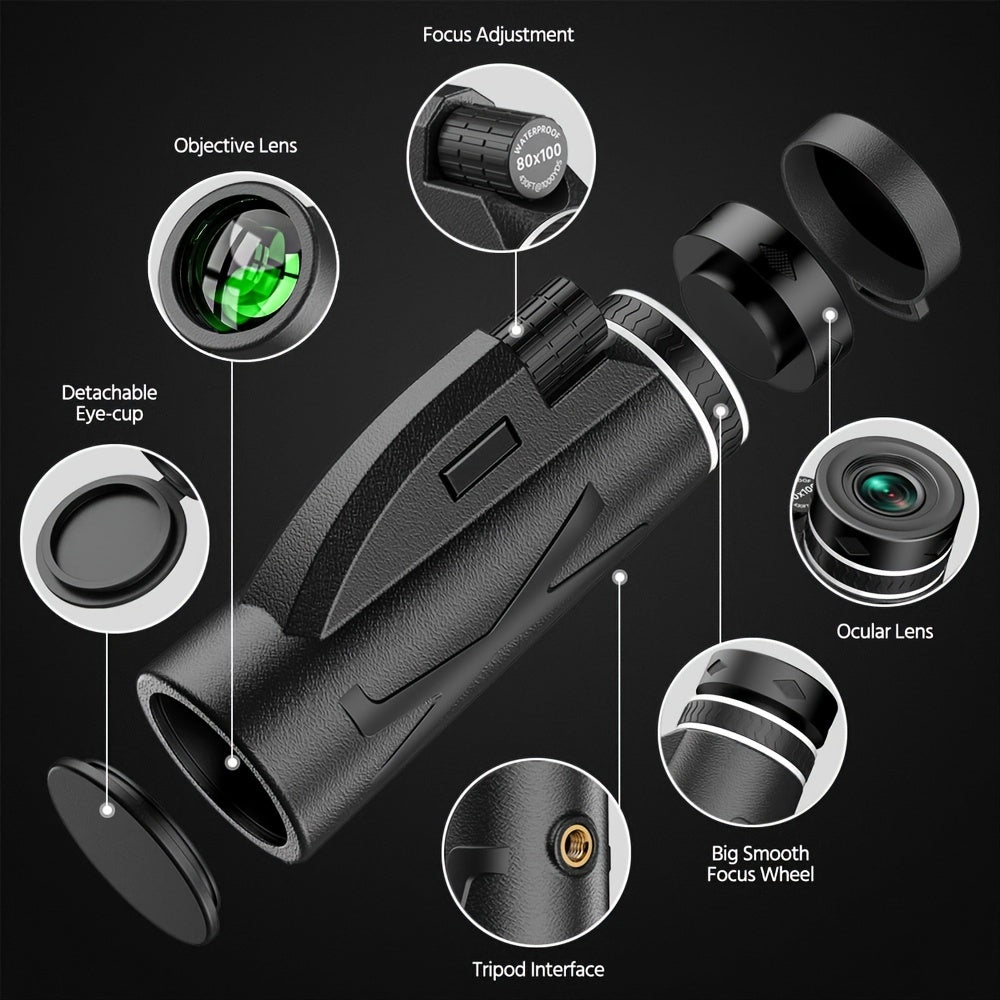 HD80X100 Outdoor Monocular Telescope with Low-Light Night Vision and All-Optical Imaging