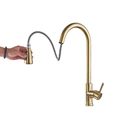 Brushed Gold Kitchen Sink Faucet - Brass, 360 Degree Rotation, Single Lever, Pull-Out Hot & Cold Mixer Tap