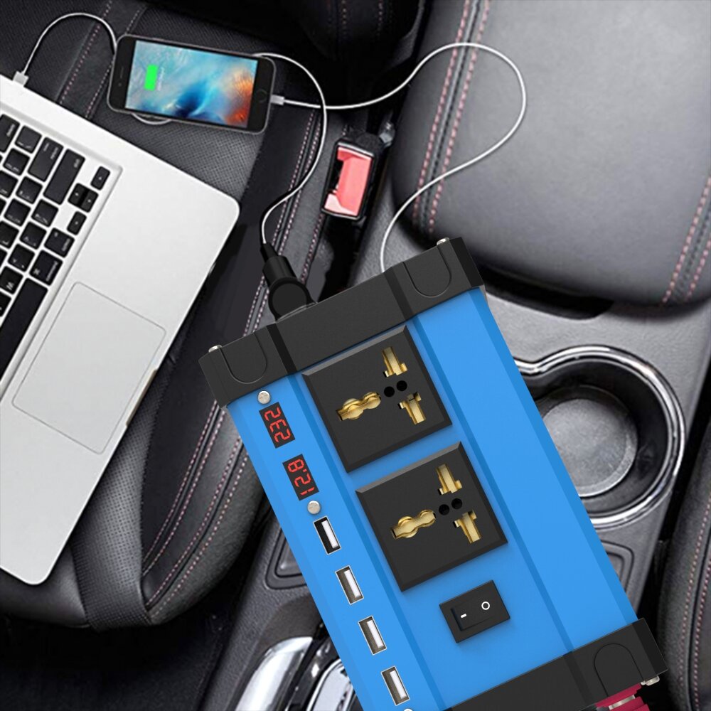 1200W Peak Car Power Inverter DC 12V to AC 110/220V, 4 USB Ports, Modified Sine Wave, LCD Screen