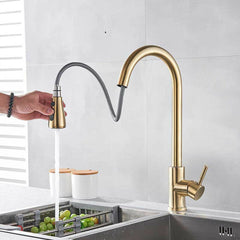 Brushed Gold Kitchen Sink Faucet - Brass, 360 Degree Rotation, Single Lever, Pull-Out Hot & Cold Mixer Tap