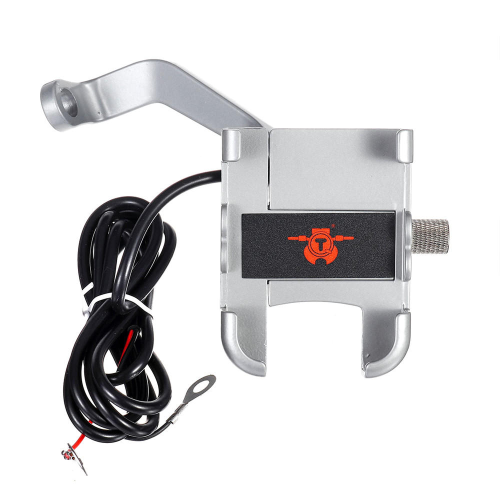 12V 2A USB Charging Phone Holder for Motorcycle Handlebar/Rearview Mirror - Aluminum Alloy Mount Bracket