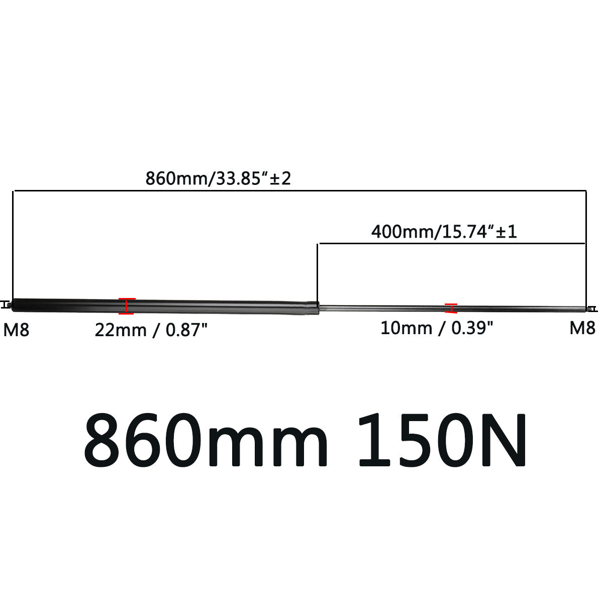 150N Universal Gas Spring Lift Supports for Car, RV, Caravans - Available in 260mm to 860mm Lengths