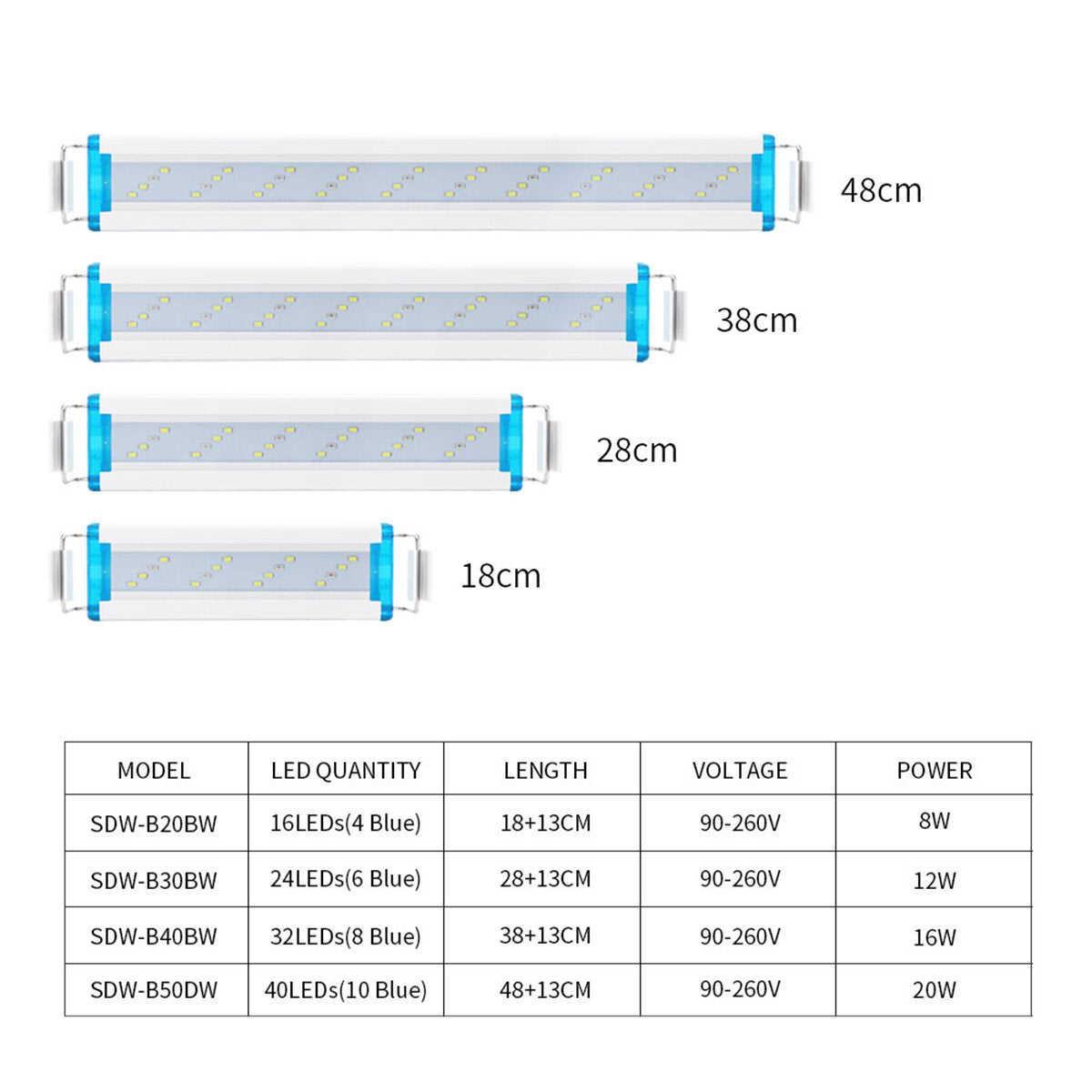 18-48CM LED Fish Tank Lamp with Extendable Brackets - White & Blue LEDs for Aquariums