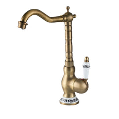 Antique Brass Kitchen Faucet - Swivel Single Hole Bathroom Basin Sink Tap with Porcelain Handle, Rotatable Crane