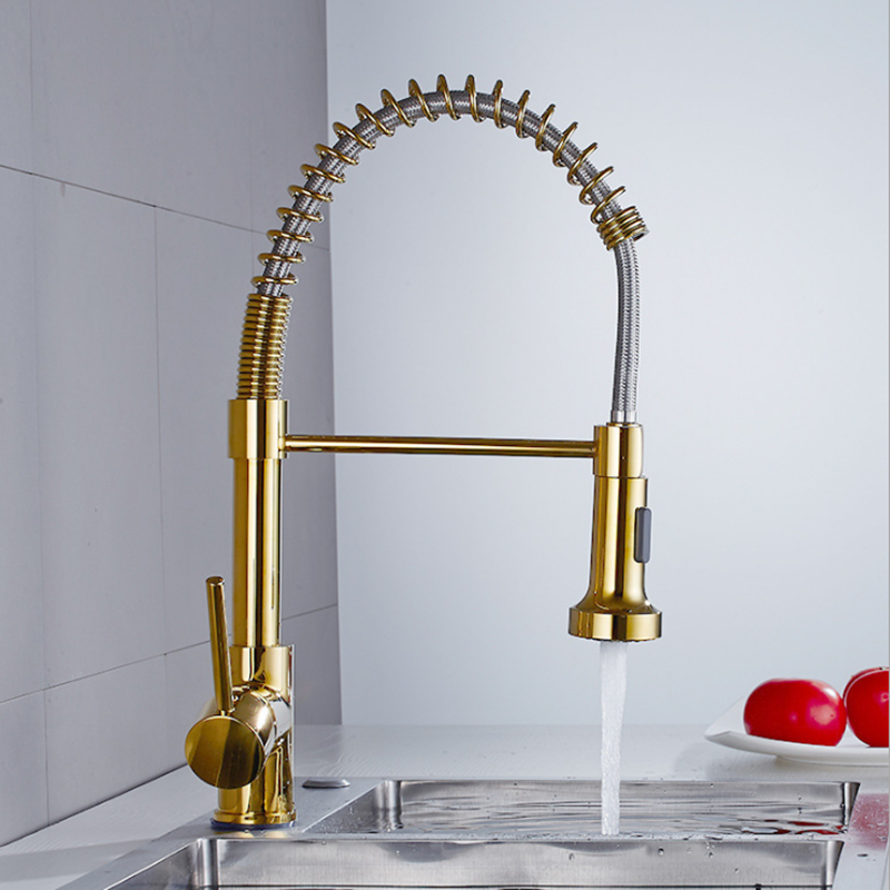 Gold Brass Kitchen Sink Faucet - Single Lever, Pull Out Spring Spout, Hot & Cold Water Mixer Tap