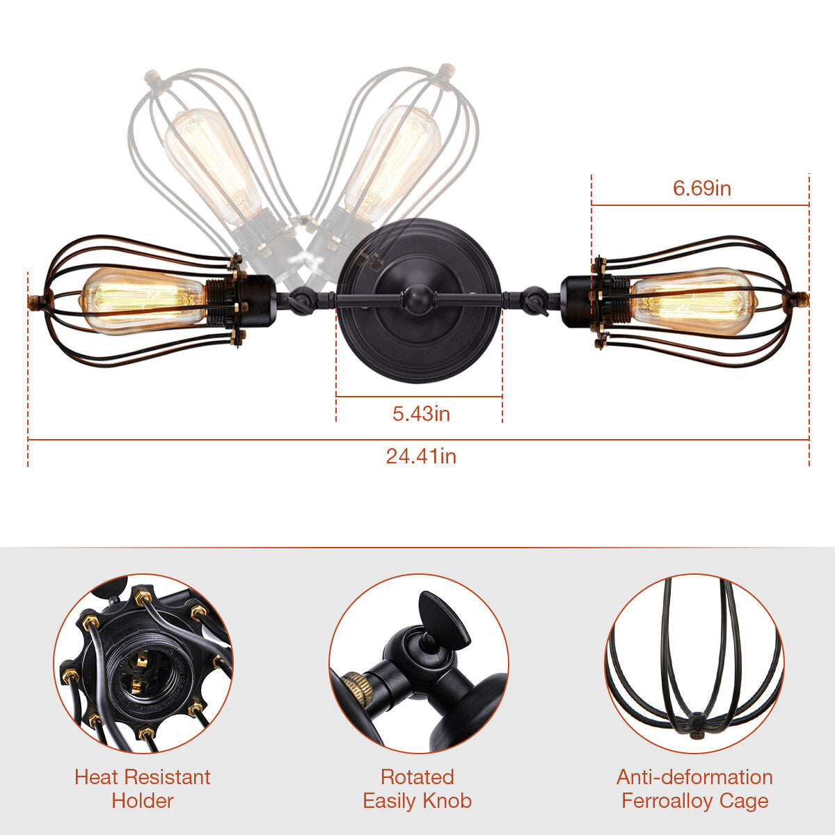 110 V Vintage Industrielle Wandleuchte, 2-flammiger Metalldrahtkäfig, Edison Wandleuchte im rustikalen Stil