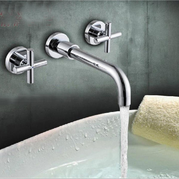 Modern Chrome Brass Wall Mounted 3-Hole Bath Faucet Tap