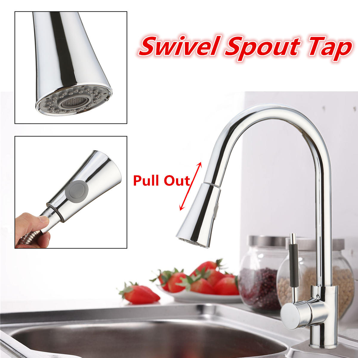 Kitchen Basin Sink Faucet with Pull Out Spray, Swivel Gooseneck Spout, and Water Mixer