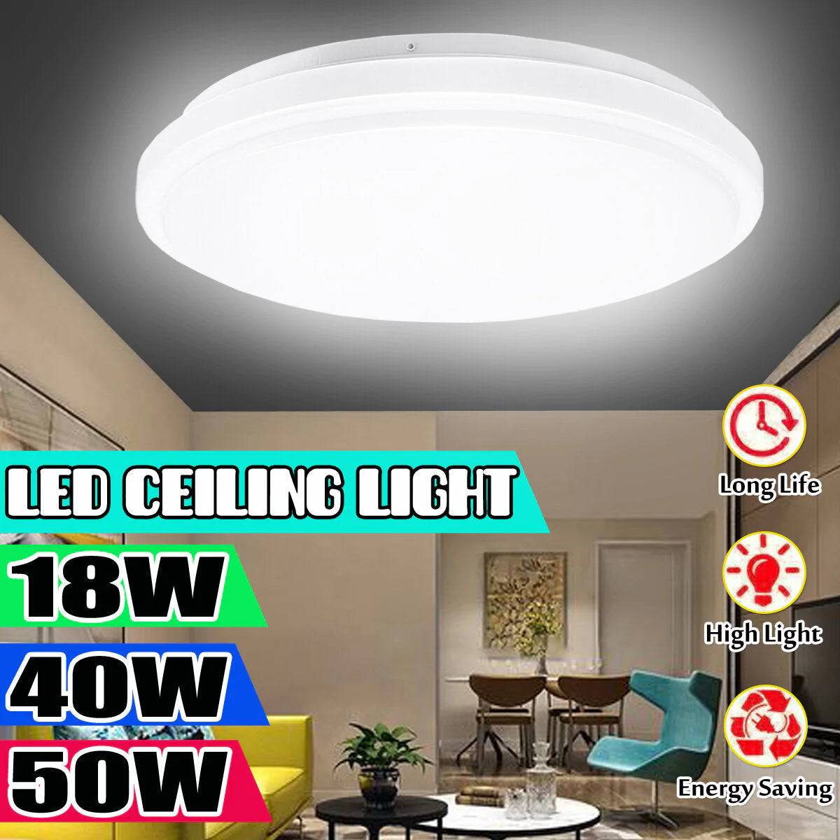 18/40/50W LED Ceiling Light Panel - Round Downlight for Kitchen, Bathroom, Room, Wall Lamp