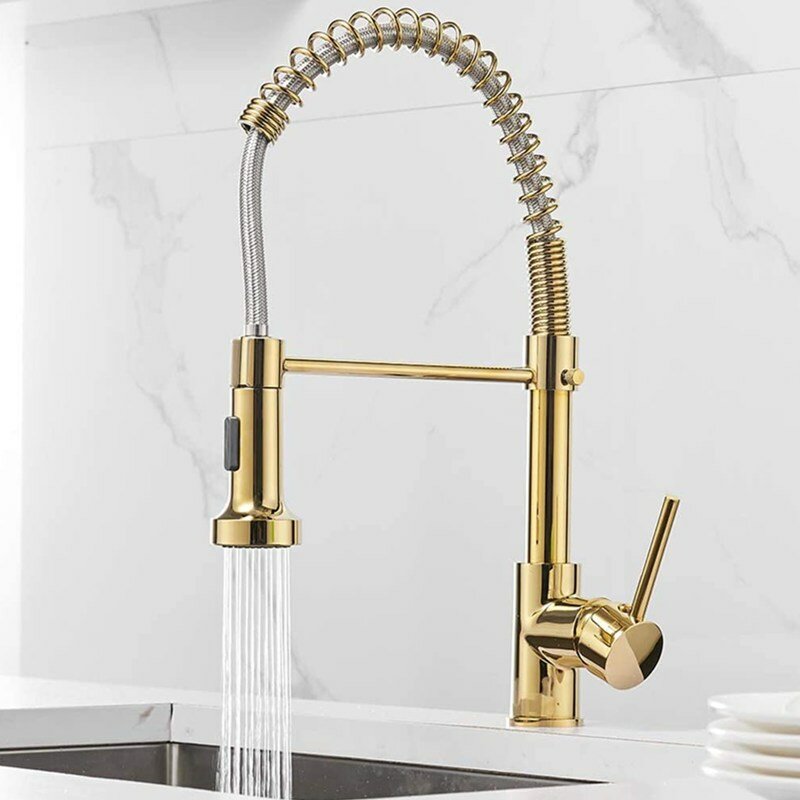 Gold Brass Kitchen Sink Faucet - Single Lever, Pull Out Spring Spout, Hot & Cold Water Mixer Tap