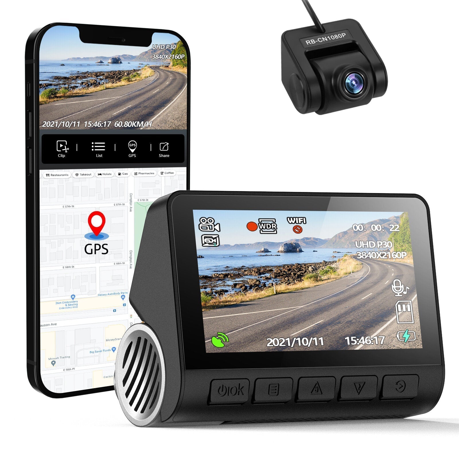 4K Dash Cam Car DVR with GPS, ADAS, 24H Parking, Rear Cam, Night Vision, Voice Prompt, and APP Control