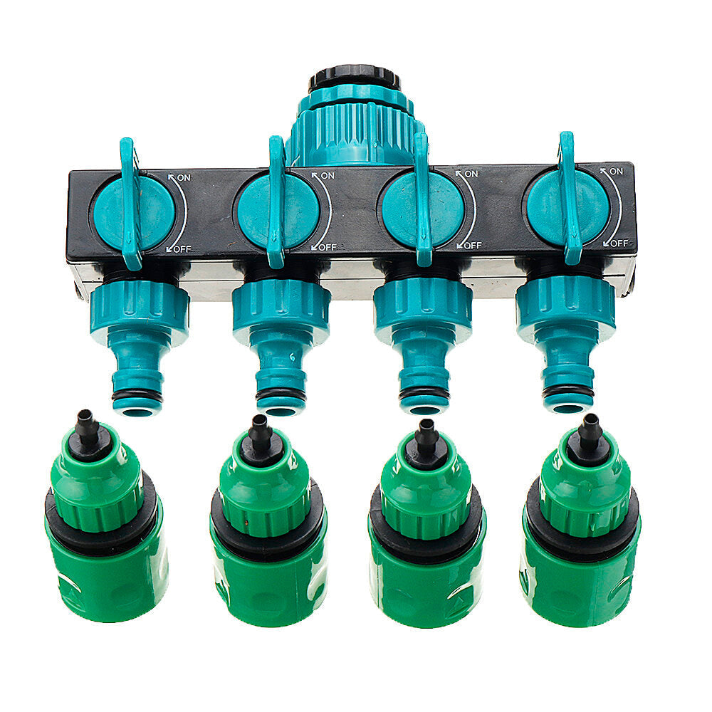 Universal 4-Way Garden Hose Splitter Tap Manifold for 1/2", 3/4", 1" Faucets - Shut Off Connector, Quick Adapter for Outdoor Irrigation