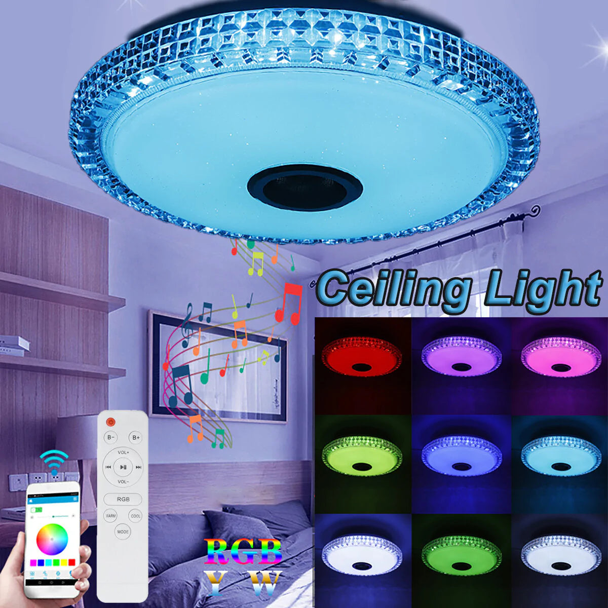 Smart RGB LED Ceiling Light - Flush Mount, Bluetooth, Remote Control, Dimmable